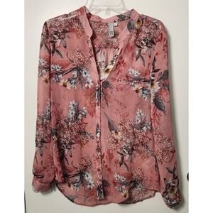 Kut from the Kloth Women's Medium Sheer Blouse Dusty Rose Floral Button Front
